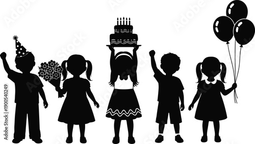 Kids birthday party celebration silhouette, children holding cake balloons and flowers, happy childhood event concept, festive celebration illustration, vector isolated background