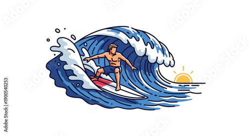 Illustration of a Surfer Riding a Large Ocean Wave at Sunrise