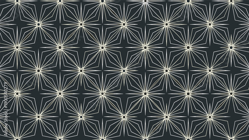 Elegant seamless pattern featuring intricate starburst and geometric floral designs in a soft beige hue, set against a sophisticated dark background.