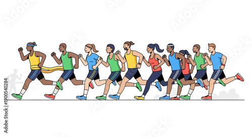 Diverse group of athletes running in a marathon race illustration