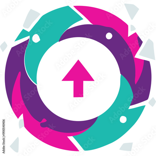 Abstract colorful arrow illustration pointing upwards surrounded by dynamic shapes and fragments