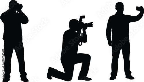Photographer silhouette collection, professional camera shooting and smartphone selfie poses set, black vector illustration isolated on white background, photography concept design