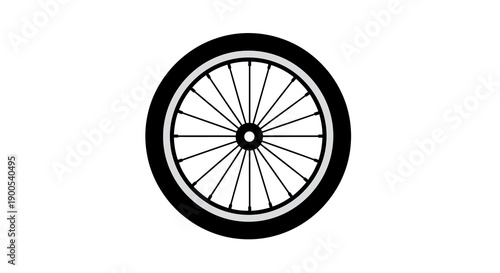 Black and white bicycle wheel icon with spokes on white background