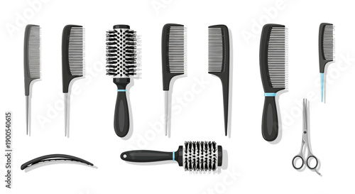 Collection of Hair Styling Tools Including Combs and Scissors