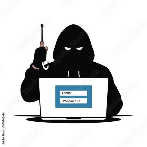 A hooded hacker attempts to login to a laptop with a lockpick in hand