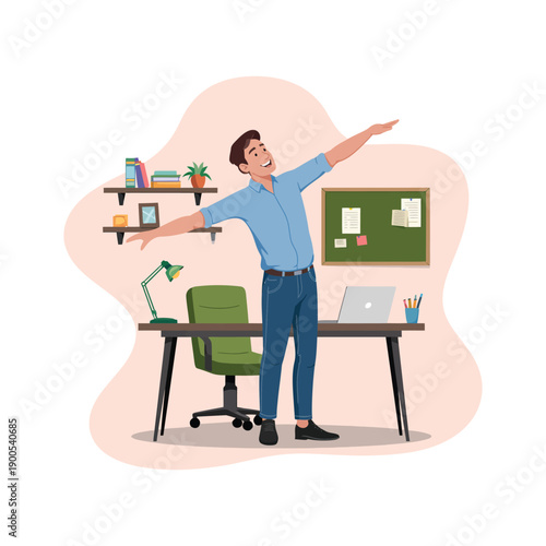 A man stretching at his desk in a modern office with a green chair and a bulletin board