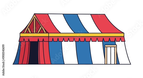Colorful circus tent with red, blue, and white stripes