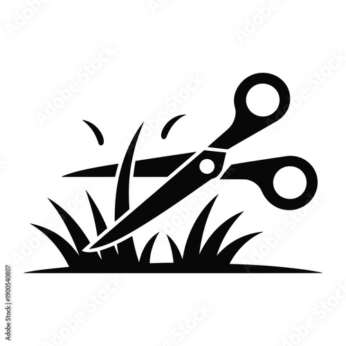 A pair of scissors cutting through grass with a clean and simple design