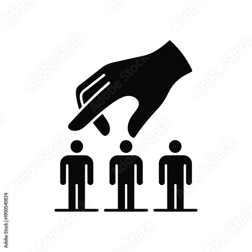 A large hand selecting one person from a group of three identical individuals