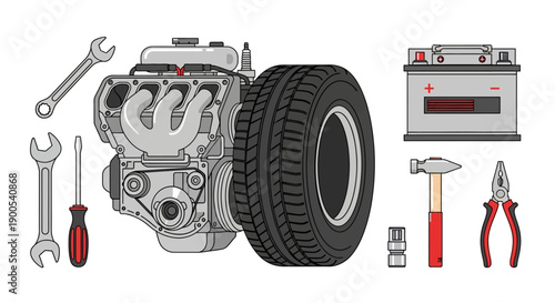 Vector illustration of car engine parts and tools on white background