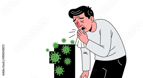 Illustration of a Man Sneezing with Virus Particles Around