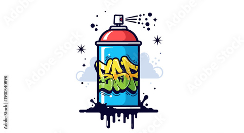 Colorful graffiti spray paint can with artistic splatters