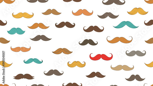 Fun seamless pattern showcases a collection of colorful mustaches in various styles on a clean white background.
