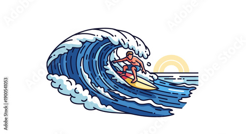 Illustration of a Surfer Riding a Large Ocean Wave
