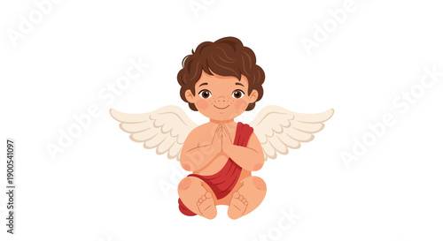 Cute cartoon angel child with wings sitting and smiling