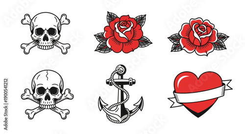 Vintage Tattoo Style Icons with Skulls, Roses, Anchor, and Heart