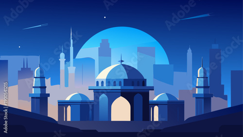 Stylized mosque architecture with blue dome and minarets