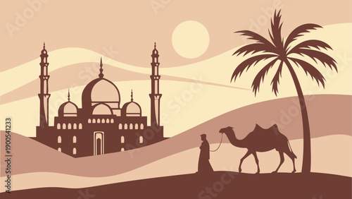 Silhouette of mosque and camel in desert landscape