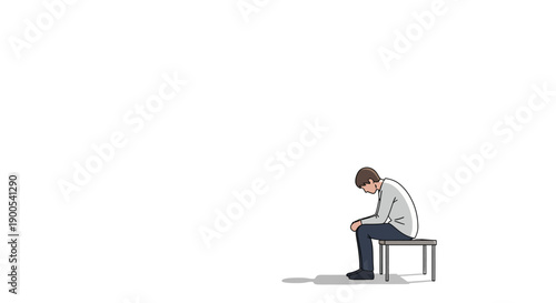 Sad man sitting alone on a bench in minimalist setting