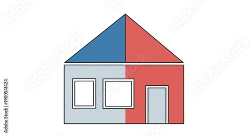 Minimalist geometric house illustration with red and blue color scheme
