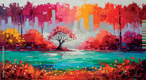 Vibrant abstract autumn landscape painting with textured brush strokes colorful trees and serene water reflection
