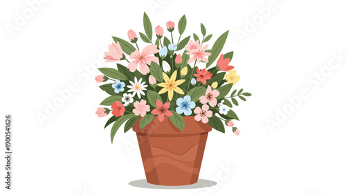 Vibrant bouquet of fresh spring and summer flowers beautifully arranged in a rustic terracotta pot on white.
