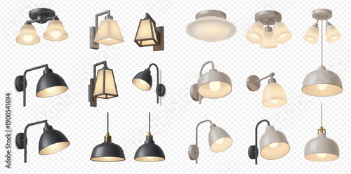 Set of various modern and classic ceiling and wall lamps, sconces, and pendant lights with glowing bulbs on a transparent background.