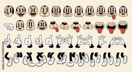 A collection of vintage cartoon character assets including various facial expressions, hands, and feet for animation.