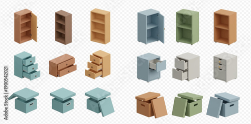 Set of isometric furniture elements including shelves, drawers, and storage boxes for home or office organization.
