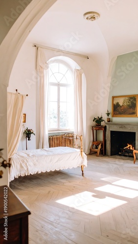 A spacious, light-filled bedroom with a canopy bed, large arched window, and a fireplace, creating an elegant and airy atmosphere