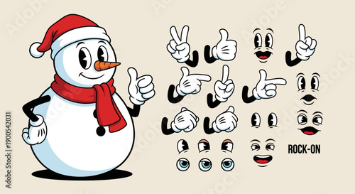 A cheerful cartoon snowman with a red hat and scarf, accompanied by a collection of expressive hands, eyes, and mouths for animation.