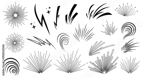 A collection of diverse abstract graphic elements, including starbursts, lightning bolts, and swirling lines, presented in a black and white line art style.