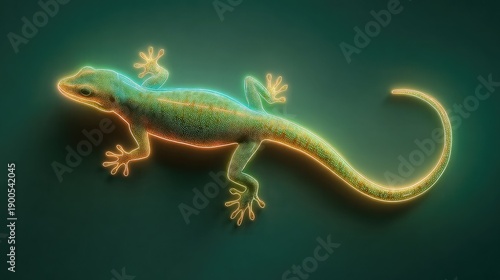 Neon-edged lizard silhouette glowing against a dark background, futuristic and abstract reptile design, vibrant neon outline, modern wildlife concept, creative illustration, bold color contrast, minim