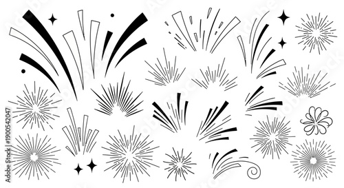 A collection of hand-drawn, black and white graphic elements resembling fireworks, starbursts, and celebratory bursts, perfect for design accents.