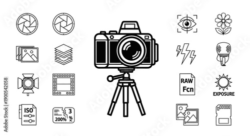 A collection of line art icons representing various photography concepts and equipment, centered around a DSLR camera on a tripod.