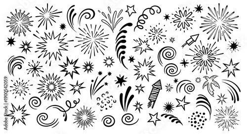 A collection of hand-drawn doodle elements representing fireworks, stars, and celebratory explosions in a black and white sketch style.