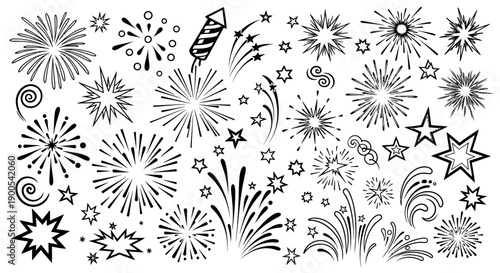 A collection of black and white hand-drawn illustrations of various fireworks and celebratory explosions.