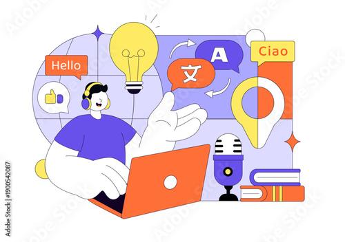 Translator Service Vector Illustration Showing Multilanguage Translation Across Various Countries Using A Dictionary In Flat Cartoon Style Background