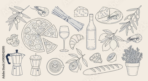 A delightful collection of Italian food and drink items, including pizza, pasta, cheese, wine, coffee, and more, presented in a charming hand-drawn sketch style.