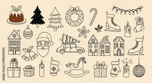 A charming collection of hand-drawn Christmas-themed icons, featuring festive elements like Santa, trees, gifts, and houses.