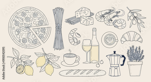 A charming collection of Italian food and drink illustrations, including pizza, pasta, cheese, seafood, coffee, wine, and bread, set against a neutral background.