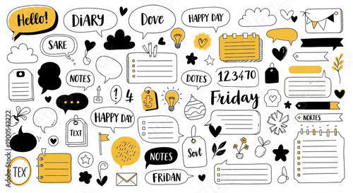 A collection of hand-drawn doodle elements for journaling and planning, including speech bubbles, notes, calendars, and decorative icons.