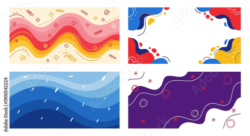A collection of four abstract colorful backgrounds with wavy lines and geometric shapes.