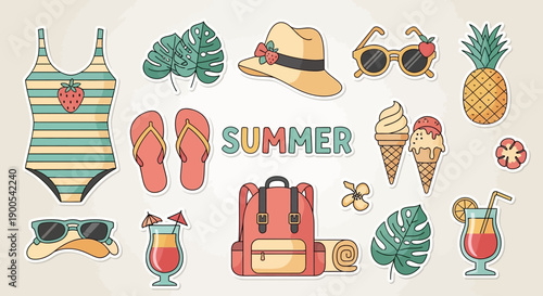 A vibrant collection of summer-themed illustrations featuring swimwear, accessories, and refreshing drinks.