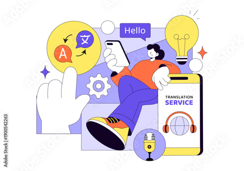 Translator Service Vector Illustration Showing Multilanguage Translation Across Various Countries Using A Dictionary In Flat Cartoon Style Background