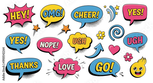 A collection of colorful comic book style speech bubbles with various exclamations and symbols.