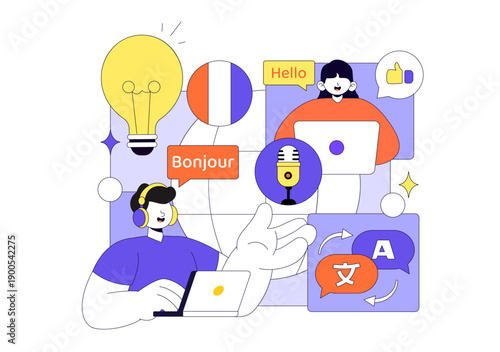 Translator Service Vector Illustration Showing Multilanguage Translation Across Various Countries Using A Dictionary In Flat Cartoon Style Background
