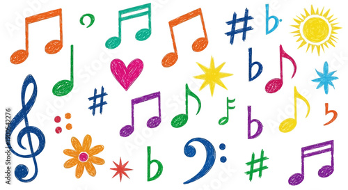 A vibrant collection of colorful musical notes, symbols, and decorative elements on a white background.