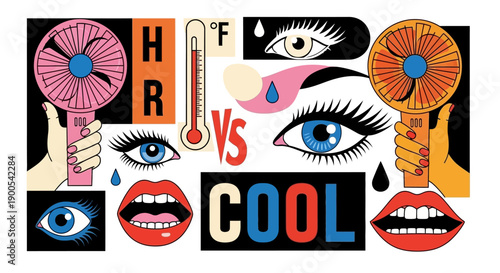 Vibrant illustration depicting the contrast between hot and cool, featuring fans, eyes, lips, and thermometers.