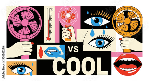 Collage depicting the contrast between heat and coolness with fans, thermometers, eyes, and lips.